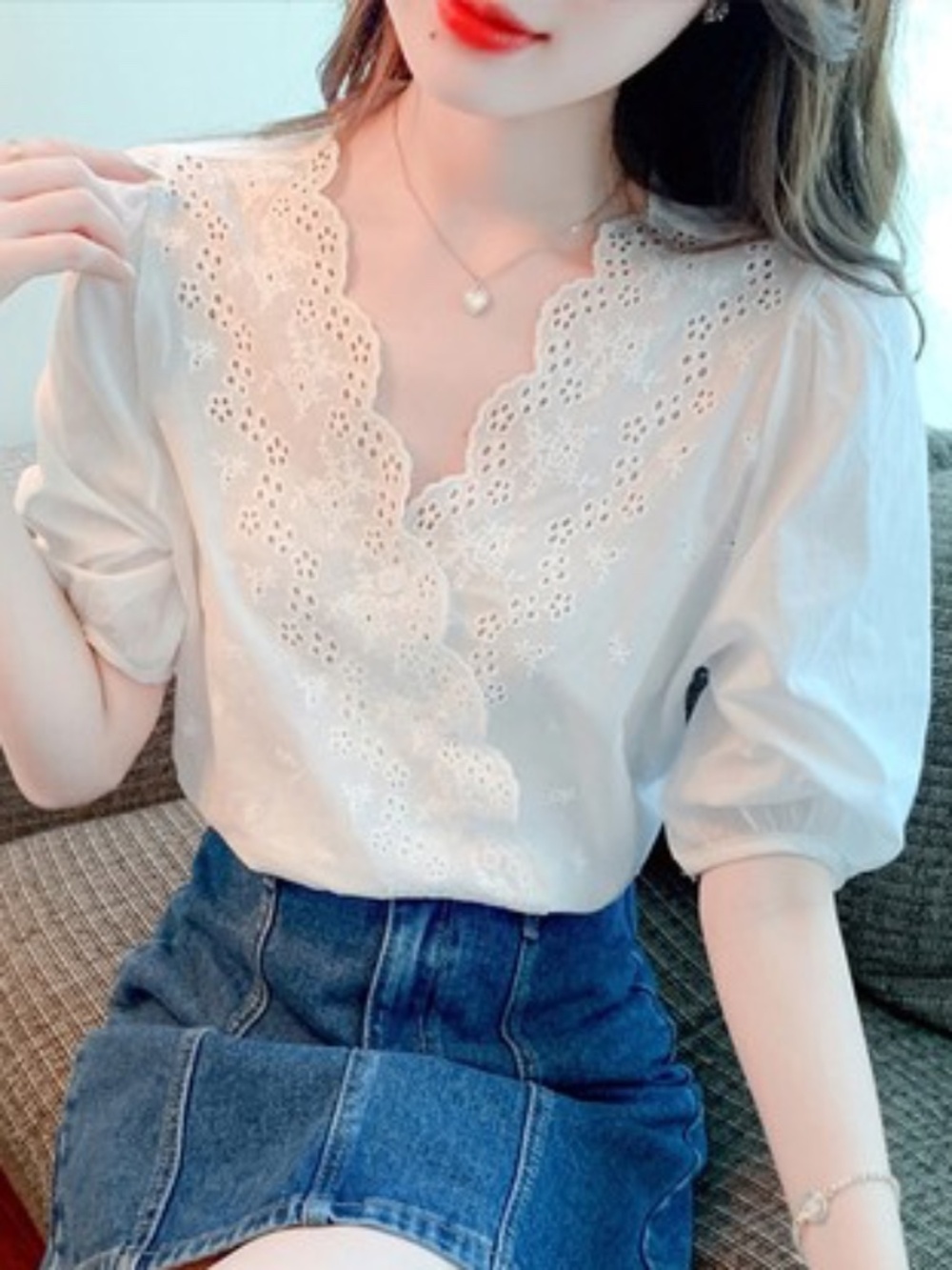 Women Summer V Neck Solid Short Sleeve Lace Embroidery Loose T Shirt Blouse Tops